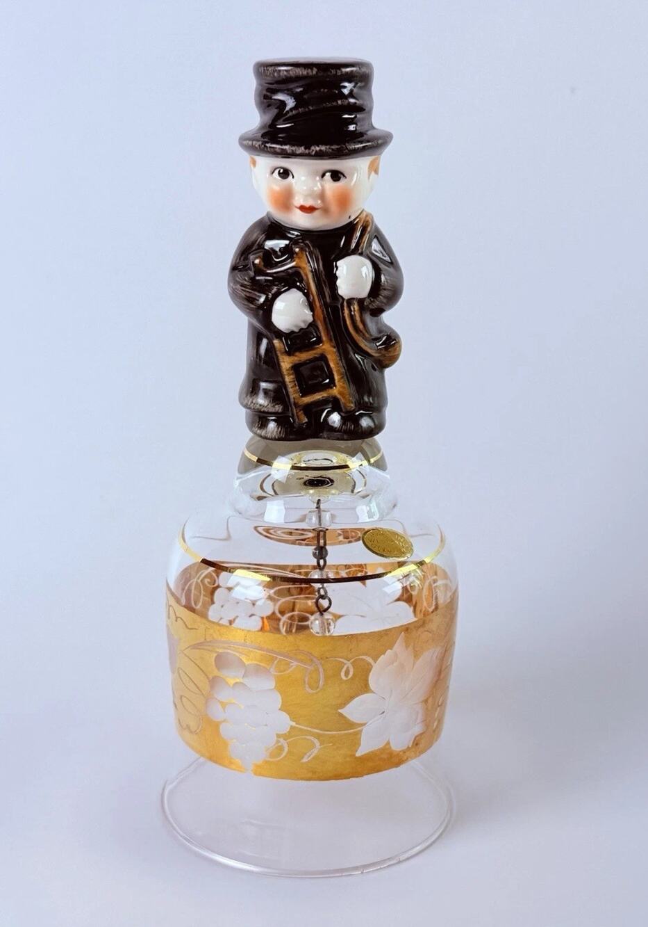 Vintage Goebel Hummel Chimney Sweep German Etched Glass Gold Bell 7”